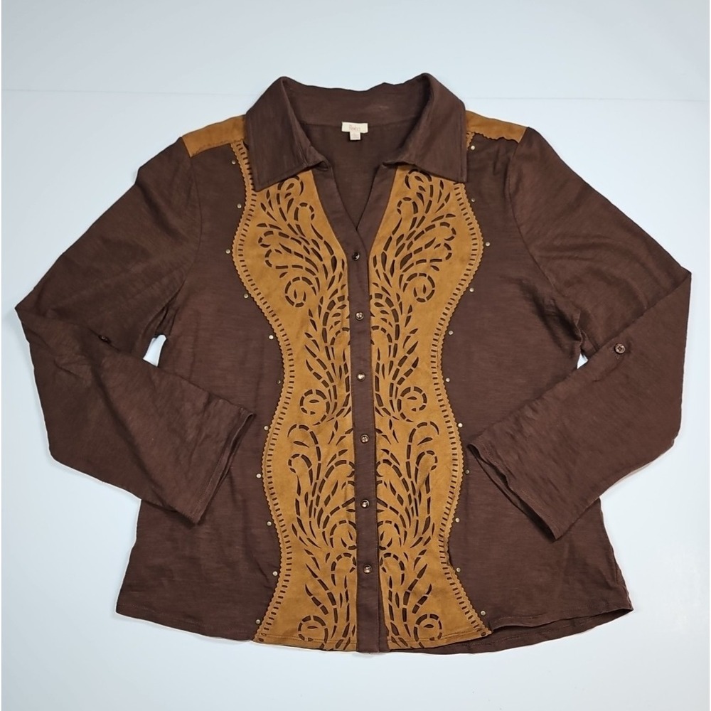 Reba Womens Brown Faux Suede Button Up Long Roll Tab Sleeve Shirt Size Large